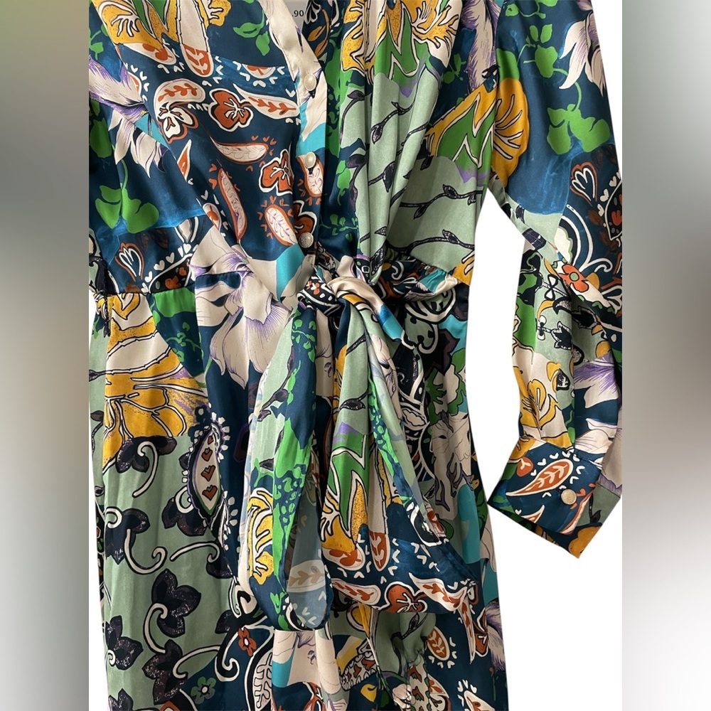 Zara Green Paisley Printed Patchwork Mini Dress Silk Tie Waist Small NWT - Picture 2 of 6